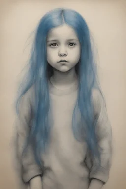 A little girl with long blue hair, charcoal sketch on toned paper