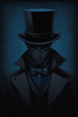 warlock, black top hat, black mask with blue patterns, black trench coat with blue patterns, dark, ominous, Blue, dark gray background, profile picture, simplistic design