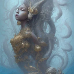 sango fantasy, fantasy magic, intricate, sharp focus, illustration, highly detailed, digital painting, concept art, matte, artgerm and paul lewin and kehinde wiley, masterpiece sexy lips Asian afro lips black African lady body mermaid blue Dragon head golden space lady sea under water mermaid pretty skull