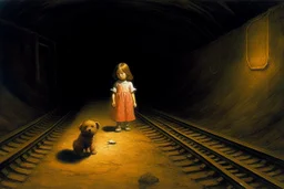 in a tunnel little girl is holding a teddy bear next to train tracks Zdzisław Beksiński