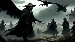 Surreal and dark scene with a large ominous bird-like figure wearing a black cloak and plague doctor mask in the middle, side view, up in the sky in a hurricane and looking down, where two armored knights are fighting in the foreground of the battlefield