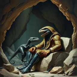 matte oil painting of a futuristic prehistoric cave with a retro futuristic robotic raptor pet, caveman wearing a leopard print suit relining in a stone bacalounger