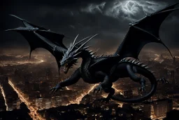 black dragon flying across the city at night dark fantasy lightening legs outstretched