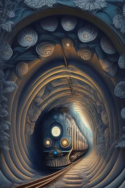 Then it comes to be that the soothing light at the end of your tunnel Was just a freight train coming your way; intricately detailed surreal optical art, award-winning,