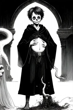 7 year old boy, necromancer, friendly, looks dead,with a long lamprey emerging from his stomach, wearing black robes, with the lower body of a ghost in the style of Harry Clarke
