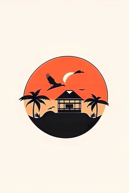 Minimalist logo, for a resort, cargo ship, sunset, palm trees, birds, huts, vector style