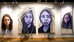 Using your 3 portrait as the centerpiece, create a large-scale fabric mural. Surround the portrait with a network of resilient and stretchy threads, symbolizing the challenges faced during addiction and the journey to recovery. Visitors can interact by gently tugging on the threads, emphasizing the importance of resilience in the healing process.