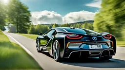 A sleek rear view of (((a cross of bugatti chiron and bmw i8))), on street, with hill and trees around, a beautiful clouds and sunny weather, 4K, Superdetailed, No mistakes