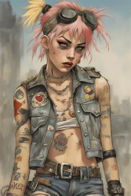 Tank Girl wore a patchwork of punk-rock attire, each piece a symbol of her fierce individuality. A tattered leather jacket, adorned with an eclectic assortment of pins and patches, clung to her lithe frame. Fishnet stockings ran beneath the cutoff shorts that defied the scorching heat. Her combat boots were worn and scuffed, bearing witness to countless adventures across the wastelands. In her grip, she held a weapon that was both her ally and her declaration of defiance—a hefty, modified firear