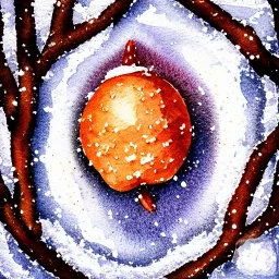 watercolor of tiny acorn covered in snow, warm colors, soft lighting, snowdrift