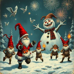 there is no kebabs at christmas, evil Santa, evil naked gnomes running around, staring flaming eyes, evil naked Rudolf, very big evil melting angry Frosty the snowman in background, 1940 christmas postcard, Flying angels, fireworks, Tim burton style