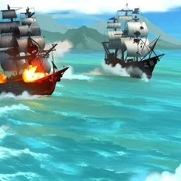 Two pirate ships fight each other at sea. Firing cannons. One ship is hit and burns after being hit.
