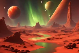 paesaggio marziano con pianerti, asteroidi, comete, aurora boreale