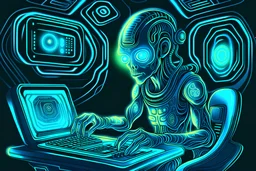 alien engineer with metallic, intricately patterned skin resembling a live circuit board, wearing a jumpsuit on a spaceship working on a toaster machine. His eyes glow with a soft blue light, he is a comedic character. toaster machine