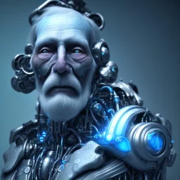 A beautiful portrait of an old cyborg man blue color scheme, high key lighting, volumetric light high details psychedelic background