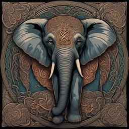 celtic elephant's head I centered | symmetrical | key visual | intricate | highly detailed | iconic | precise lineart | vibrant and natural all round colors | comprehensive cinematic | alphonse mucha style illustration I very high resolution | sharp focus | poster | no watermarks I plain black background