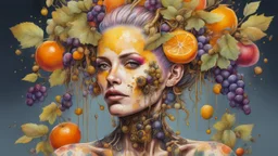 Punk woman 49 years old, hair made of Fruits, Grapes, tangerines, gold, gouache, watercolor, acrylic, paint drips, branches, fine drawing, golden makeup, bees, tattoo, robot, alien, bright colors, double exposure, high detail, high resolution, 8K, 3D, bees,