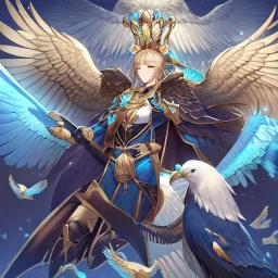 A battle suit made of galaxies and stars with a glove that has seven endless stones,A god-like man with infinite power who owns the galaxies,God-like man with infinite power who owns the galaxies and wears a beautiful crown, a jewel of diamonds and galaxies with weapons riding on a creature with an eagle head and eagle wings and eagle hands