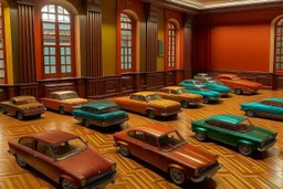 A museum with different cars and different colours, with brown walls and floors