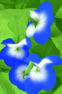 three Blue morning glory with green leaves, arranged vertical, a digital rendering by Kanzan Shimomura, photo realistic rendered in maya and daz3d, with a dark blue background