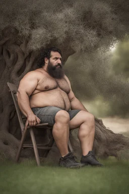 close up photography of a turkish ugly dirty burly muscular chubby farmer 36 years old, bullneck, strong arms, big belly, manly chest, very sweat, shirtless, short beard, tattoo, curly hair , short bulging pants, open legs sitting on a chair under an olive tree , big tights, barefoot, ambient occlusion, hyper detailed photography, photorealistic, 35mm lens, side light, frontal view from below, natural colors