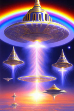 Very beautiful ufo, futurist, intergalactic, mother ship, ashtar command, interdimensionnal, rainbow