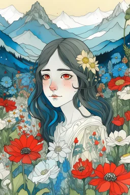 A real nature drawing containing red and blue flowers and mountains, and in the middle is a girl with black hair, brown eyes, and white skin. Her body is plump and she wears a wedding dress. The facial features of the Syrian girl are with a small nose.