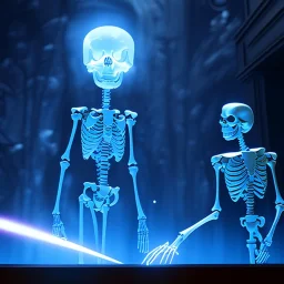 The Grim Reaper and the Skeleton in Tron world, discussing the future of the universe, art by Magritte and Pixar