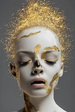 full head and shoulders, beautiful porcelain female person, smooth, delicate facial features, white detailed eyes, white lashes, 3 d white anatomical bones, large electrical gold sparks, gold leaf and glowing lightening, by daniel arsham and james jean