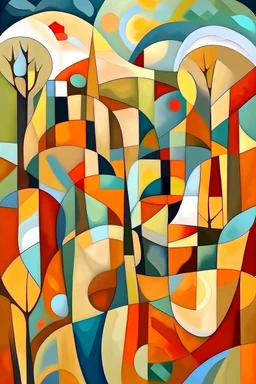 Crea una pintura cubista al estilo de Picasso que represente un paisaje semi rural moderno y minimalista, colores neutros y calidos