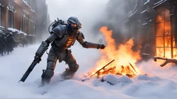 ALIEN monster robot attacking a British WORLD WAR ONE soldier whose uniform is on fire, a snowy london street 1898, the snow, SNOW ON THE GROUND, BURNING DEBRI LIES ALL AROUND, PHOTO REALISTIC, EPIC, CINEMATIC