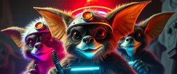 volume fog light, hyper real close up on fluffy faces of rock alien cricket coyote priest gremlin fasion general with hi tech transcendent lazer plasma blaster arsenal from hell, guarding bridge up to space saucer neon plastic transparent, movie poster