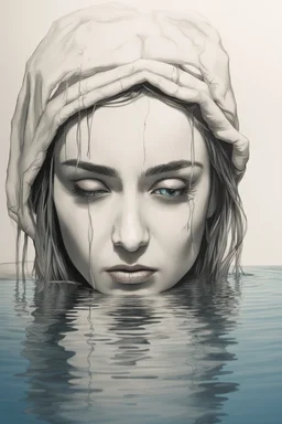 Artwork of t-shirt, Wide angle, half of face on water surface of a woman eyes are full of tears in swimming pool. Broken heart, sadness, down deep