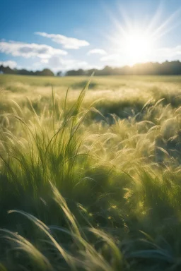 prato di erba piegata al vento con cielo azzurro e sole splendente