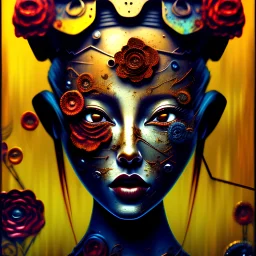 an abstract painting of rusted metal and flowers, Geisha portrait, rust, scaffolding, iron cladding, decay, mixed media, textured, anatomically correct, beautiful perfect face, sharp focus, highly detailed
