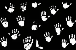 multiple white hand prints on a solid black background. some hand prints have finger streaks