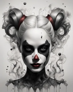 realistic portrait of harley quinn Create an abstract monochromatic composition that features a dynamic play of organic and smoky shapes that evoke a sense of growth and decay. In the center, there should be a complex, fractal structure that resembles the figure of a woman, expanding outward from the center