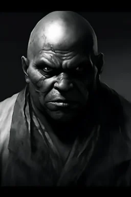 A native Indian chef, they but a fabric on his eye so he can not see and his arms are Handcuffed. looks miserable with bruises on his face like he has been beating sitting on a broken chair in a prison with dem light and dark prison environments , Busch painting style , sureal