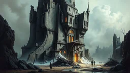 An architecturally twisted and fantastical structure, reminiscent of Ivan Albright's dark and surreal aesthetic, emerges from the imagination. This eerie edifice towers in stark contrast against the bleak landscape, with jagged angles and crumbling facades that hint at a disturbing past. The image, a mesmerizing painting, is drenched in ethereal light that highlights the intricate details of decay and distortion. Its haunting beauty captivates the viewer, inviting them to explore the twisted wor