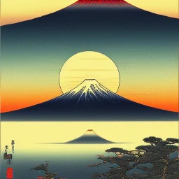 Ukiyo-e Style , mount fuji, sun set