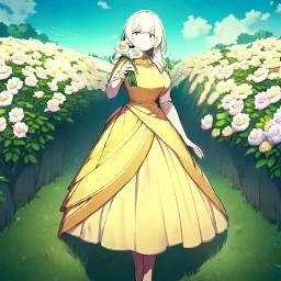 beautiful anime girl holding on to a flower and blowing the dried seeds into the air as the wind carries them away. outdoors scene.anime girl standing in a meadow of flowers. thw wind is blowing flower pedals into the wind. girl wearing yellow dress. more emphasis on seeds floating in the air. lots of seeds floating the air. lots of flower pedals floating the air behind the girl. rose pedals all over the ground.emphasis detail on the girls eyes, mouth and nose.