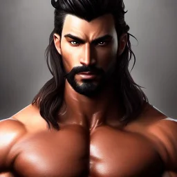 a Portrait of a dude, handsome, dark long hair, masculine, handsome, upper body, muscular, hairy torso, fantasy, intricate, muscular, elegant, highly detailed, digital painting, artstation, concept art, smooth, sharp focus, illustration,