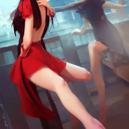 Insane pretty young woman short red dressed. by wlop, ilya kuvshinov, krenz cushart, greg rutkowski, pixiv, sarah j. maas book cover style magician at the end of a corridor, smooth, sharp focus, d & d style, artstation, 4 k, hdr