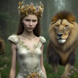 Young beautiful girl with floral crown standing next to a stunning lion on nature forest path, Chronicles of Narnia, 8k resolution, high-quality, fine-detail, iridescent, intricate, digital art, detailed matte, volumetric lighting, beautiful, illustration, 3D octane render, brian froud, howard lyon, selina french, anna dittmann, annie stokes, lisa parker, greg rutowski,