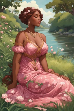 An art nouveau painting art illustration of a curvy black cartoon woman sitting relaxed on a sunny riverbank, lush green grass surrounding her. Facing left in profile, she has flowing chestnut hair styled in an elaborate braided twist. complementing the pink floral maxi dress wrapped snugly around her exaggerated curves. One hand touches her cheek lightly as she looks to the distance, brown eyes enhanced by long lashes and purple eyeshadow. Bold brown lips match the brown flowers on her dress