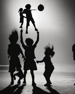 children playing on the indian street capture them against the sun and make an art silhouette, details, sharp, black and white 8k