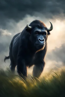 in dense foggy, a front view a dark ape powerful bull standing in the middle of a clouds in backlight, a bull that is standing in the grass, beautiful digital artwork, marc adamus, beautiful artwork, by Jesper Ejsing, by Yang J, digital art animal photo, beautiful painting of a tall, by Aleksander Kobzdej, by Igor Kieryluk, by Raymond Han, beautiful digital painting, deer portrait, by Adam Marczyński