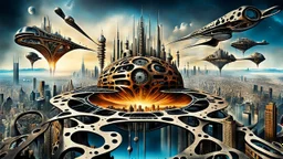 a stunningly weird image of a futuristic floating metropolis using Salvador Dali's paranoiac-critical method, where buildings and structures appear to melt into the skyline cityscape is filled with floating mad, twisted sharp metal shapes that interact with the buildings and each other, forming a surreal tableau of a dreamlike reality. neu-steampunk vibe, essence of the scene in a cinematic manner, with dramatic shadows that enhance the distorted perspectives and bizarre