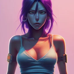 revy black lagoon, purple hair, black tank top, jean shorts, tribal sleeve left arm, portrait shinkai makoto, studio ghibli, studio key, madhouse anime studio, artgerm, lau rossdraws james jean marc simonetti pixiv