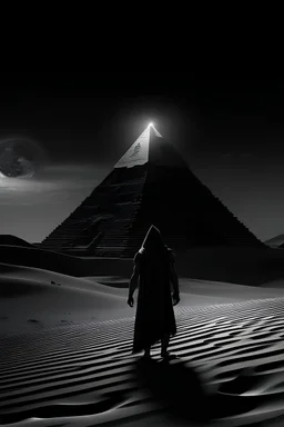 "A cinematic black and white YouTube thumbnail for the horror story 'Whispers of the Sands'. The image shows an uncharted ancient Egyptian pyramid under a star-filled sky. Jonah, a seasoned traveler, stands with his back to the viewer, facing the pyramid. He's holding a light source, creating dramatic shadows around him. The desert dunes surround him, adding to the scene's mystique. The pyramid's entrance emits a strange, ethereal light, suggesting an otherworldly presence.